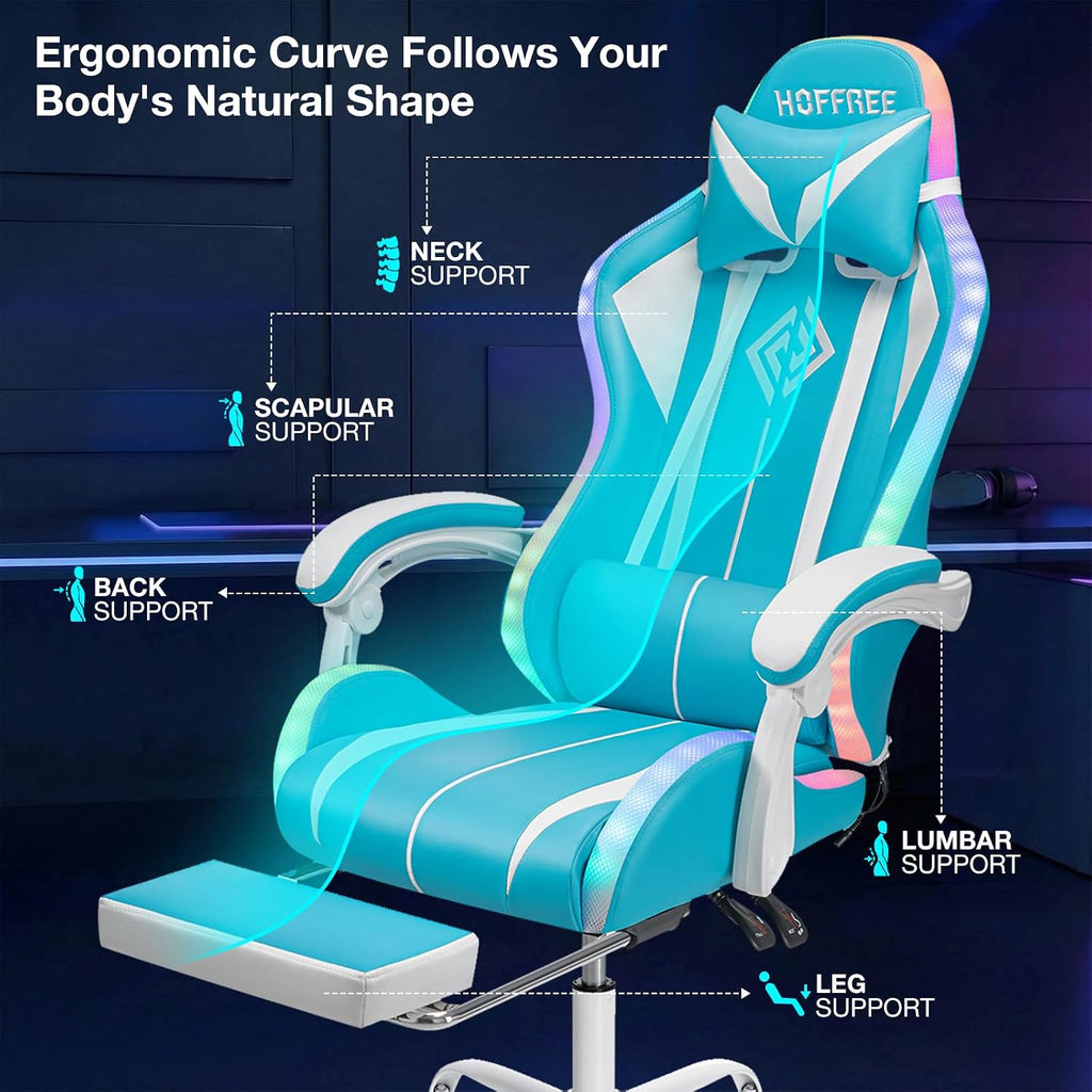 RGB Gaming Chair with LED Lights Massage Game Chair with Footrest Ergonomic Computer Chair High Back Video Game Chair with Adjustable Lumbar Support Linkage Armrest Blue and White