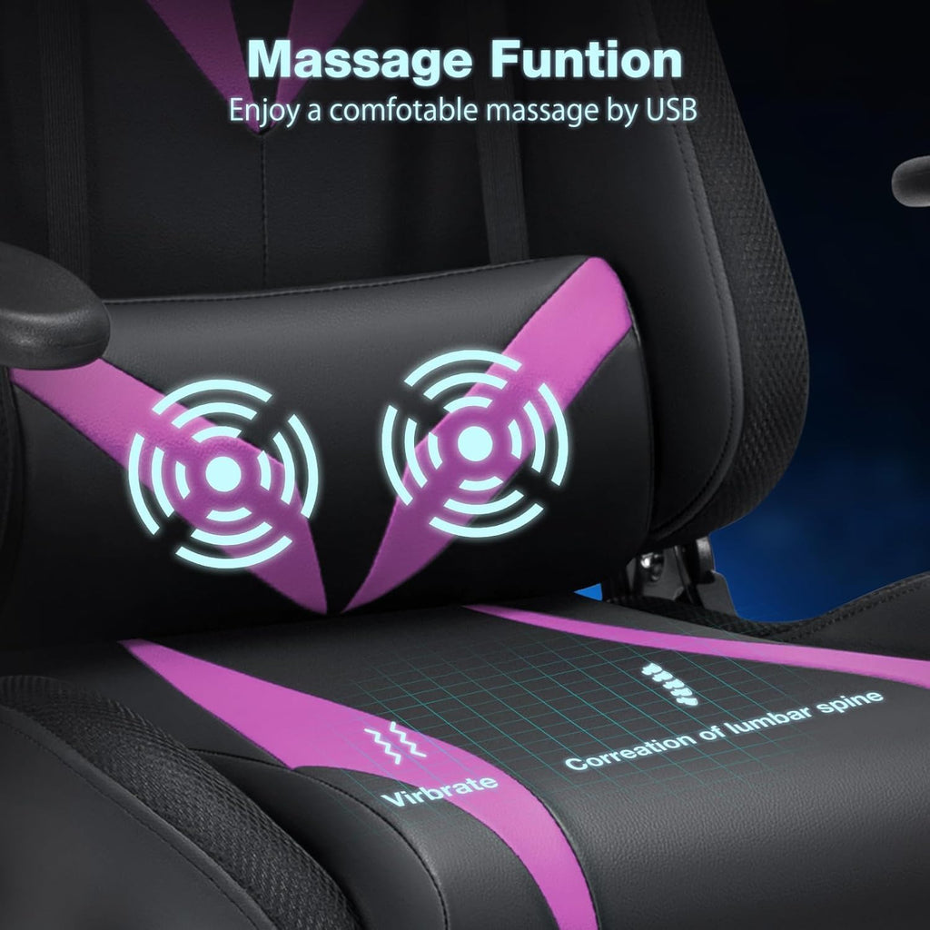 HOFFREE Gaming Chair with Bluetooth Speakers and Led Lights Massage Video Game Chair with Footrest Reclining High Back Computer Gamer Chair Purple and Black