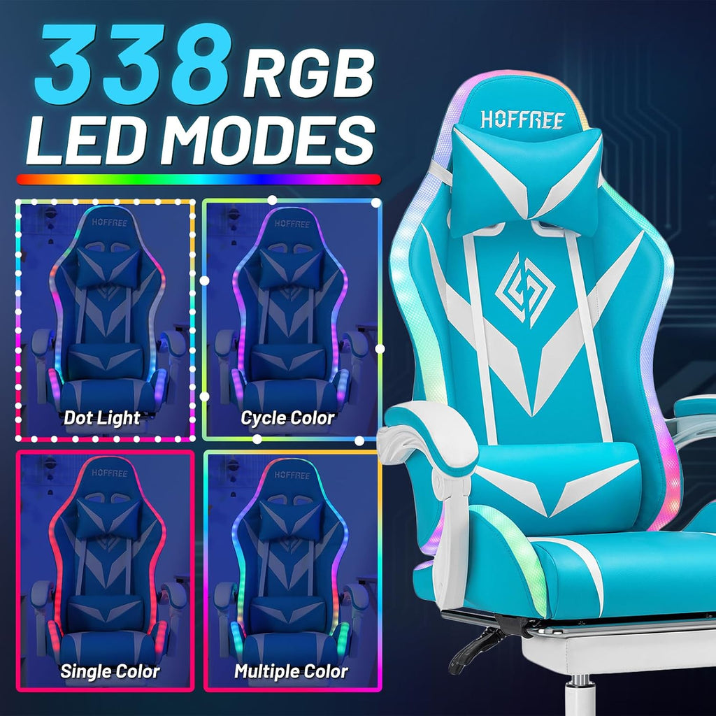 Gaming Chair with Bluetooth Speakers and RGB LED Lights Ergonomic Massage Computer Gaming Chair with Footrest Video Game Chair High Back with Lumbar Support Light Blue and White
