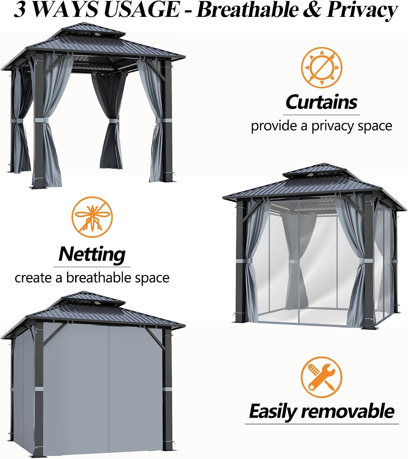 GARTOO 8.5x8.5FT Outdoor Hardtop Gazebo with Double Roof - Aluminum Heavy-Duty Steel Top Gazebo with Solar LED Light, Breathable Netting & Privacy Curtain for Patio, Porch, Garden, Backyard
