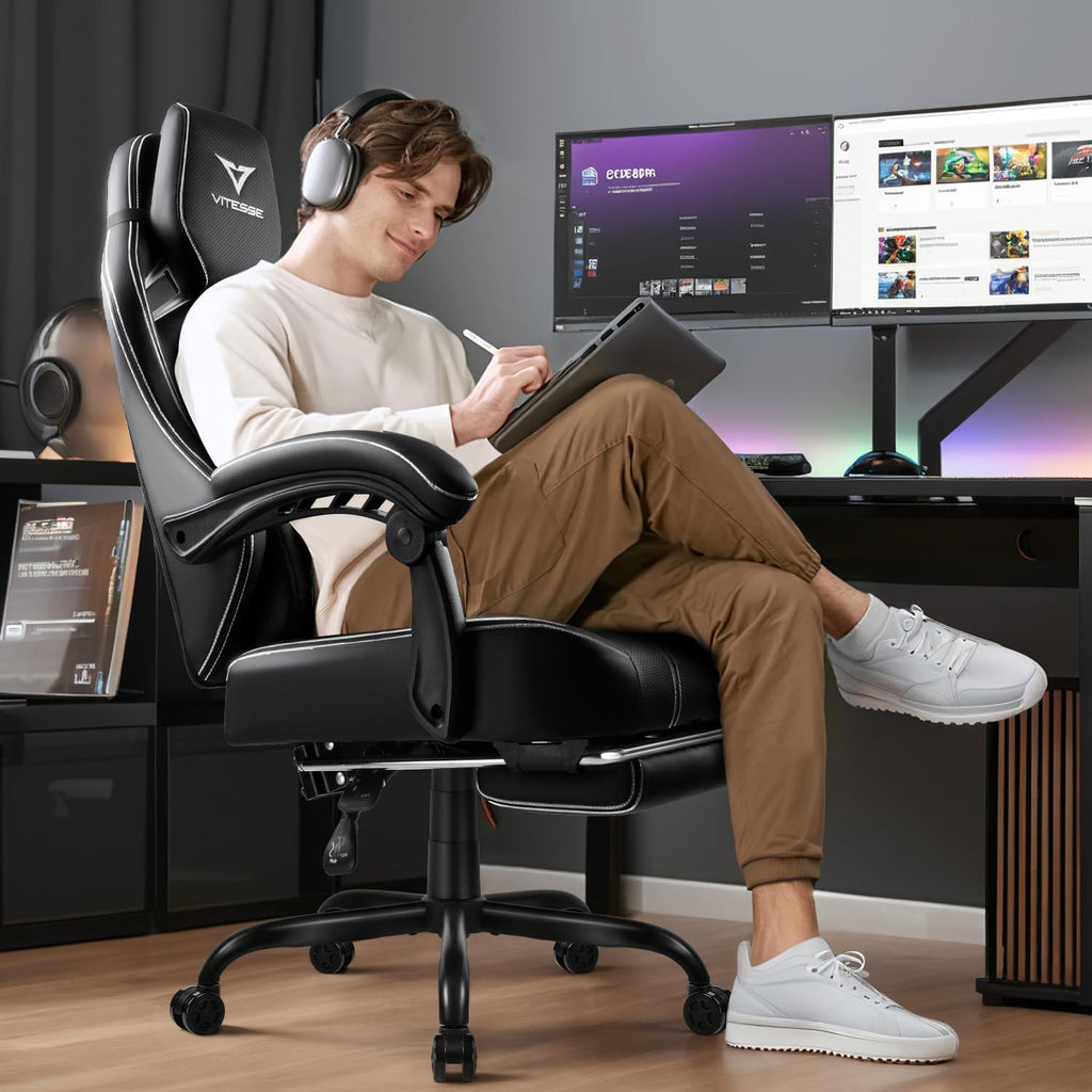 VITESSE Big and Tall Gaming Chair 400lb Weight Capacity with Footrest, Ergonomic Video Game Chair for Adults with Oversized Headrest and Lumbar Pillow, Computer Chair Gaming for Office (Black+White)