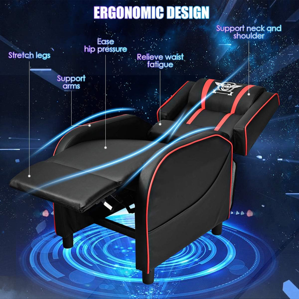 Giantex Gaming Recliner Chair, Adjustable Massage Gaming Chairs for Adults, Ergonomic Comfortable Lounge Leather Sofa w/Footrest, Remote Control & Side Pocket, Racing Style Single Sofa Recliners, Red