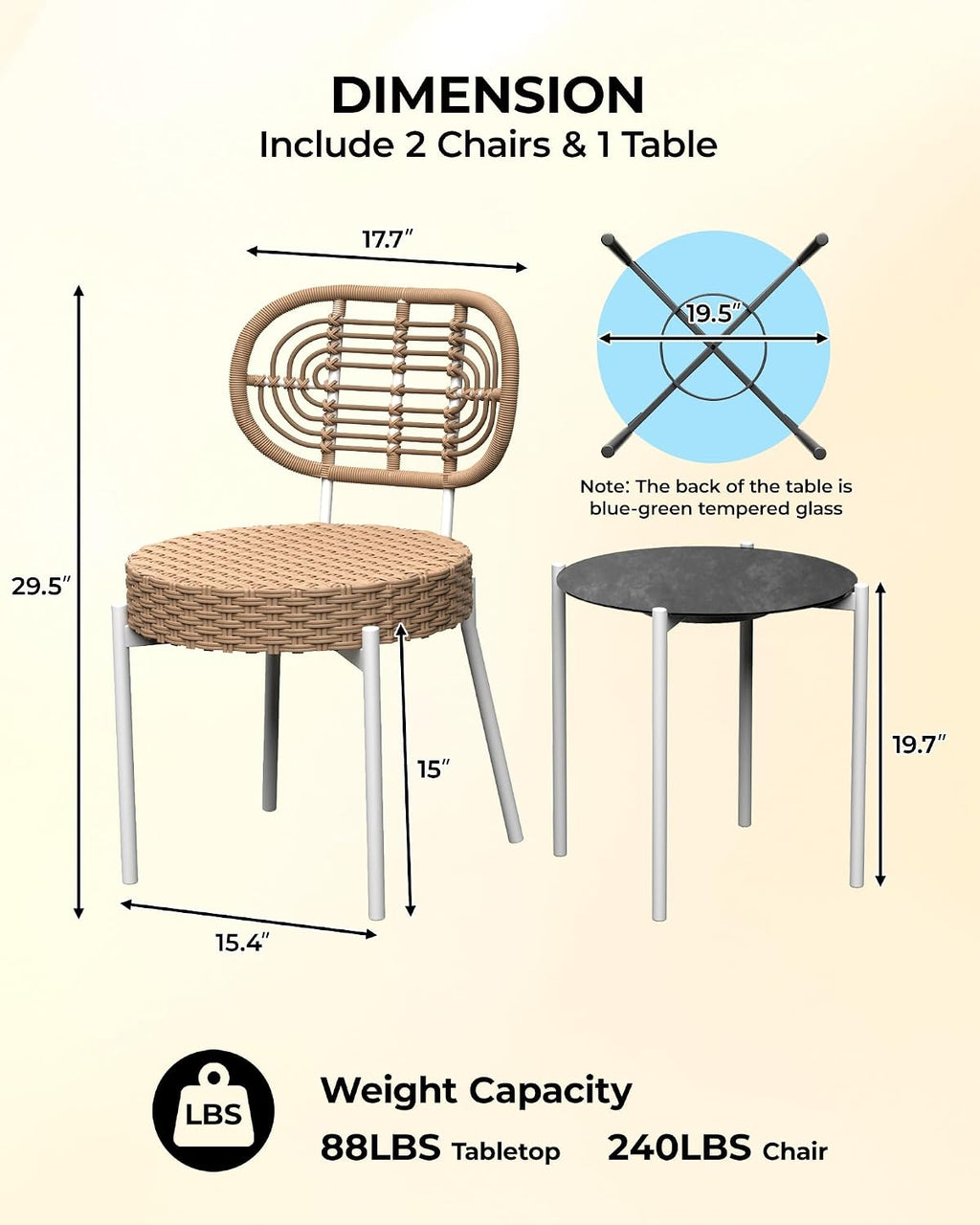 3 Piece Wicker Patio Bistro Furniture Set, Outdoor Dining Chairs, Includes 2 Rattan Chairs and Tempered Glass Table, for Garden, Backyard, Balcony, Apartment, White & Brown