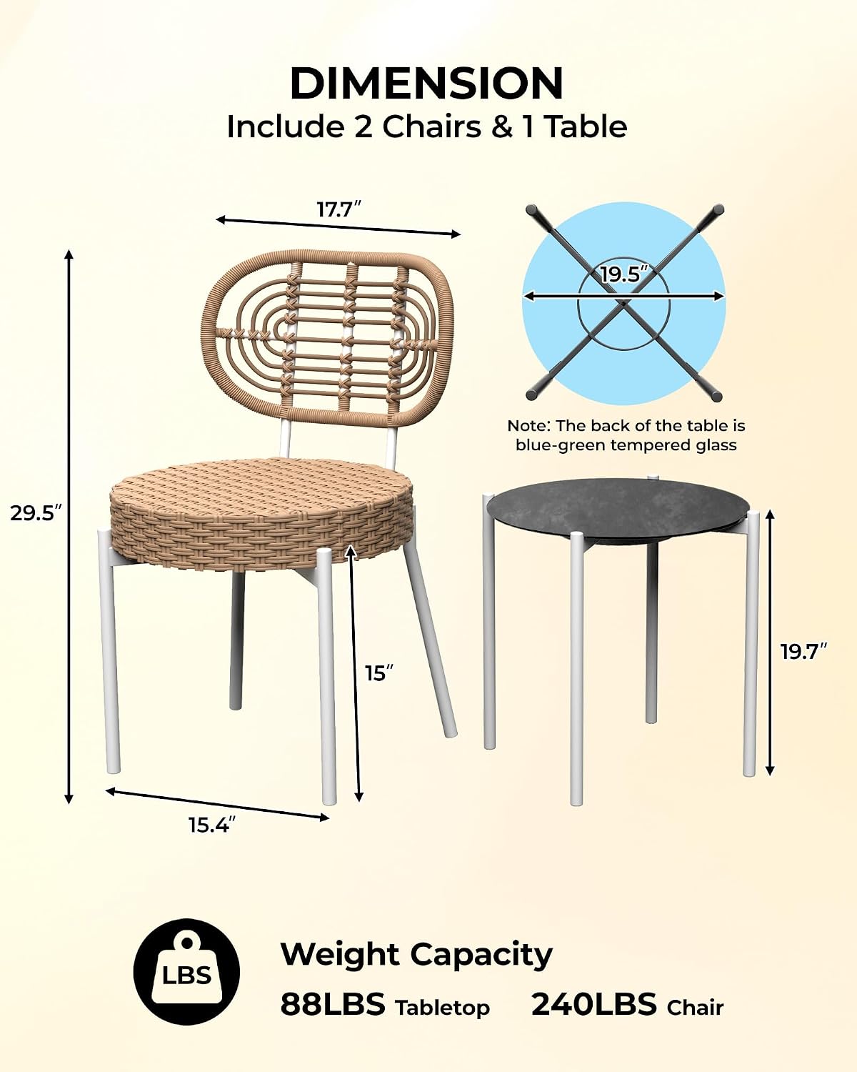 3 Piece Wicker Patio Bistro Furniture Set, Outdoor Dining Chairs, Includes 2 Rattan Chairs and Tempered Glass Table, for Garden, Backyard, Balcony, Apartment, White & Brown