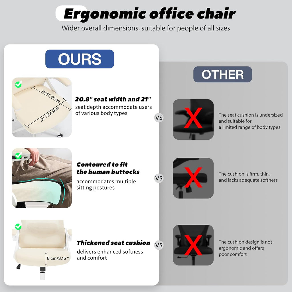 Fizzin Ergonomic Office Chair, 400 LBS Computer Chairs with Adjustable Lumbar Support, Breathable Mesh Desk Chair Ergonomic with Thickened Cushion, Comfy Home Office Desk Chair (Buff Beige)