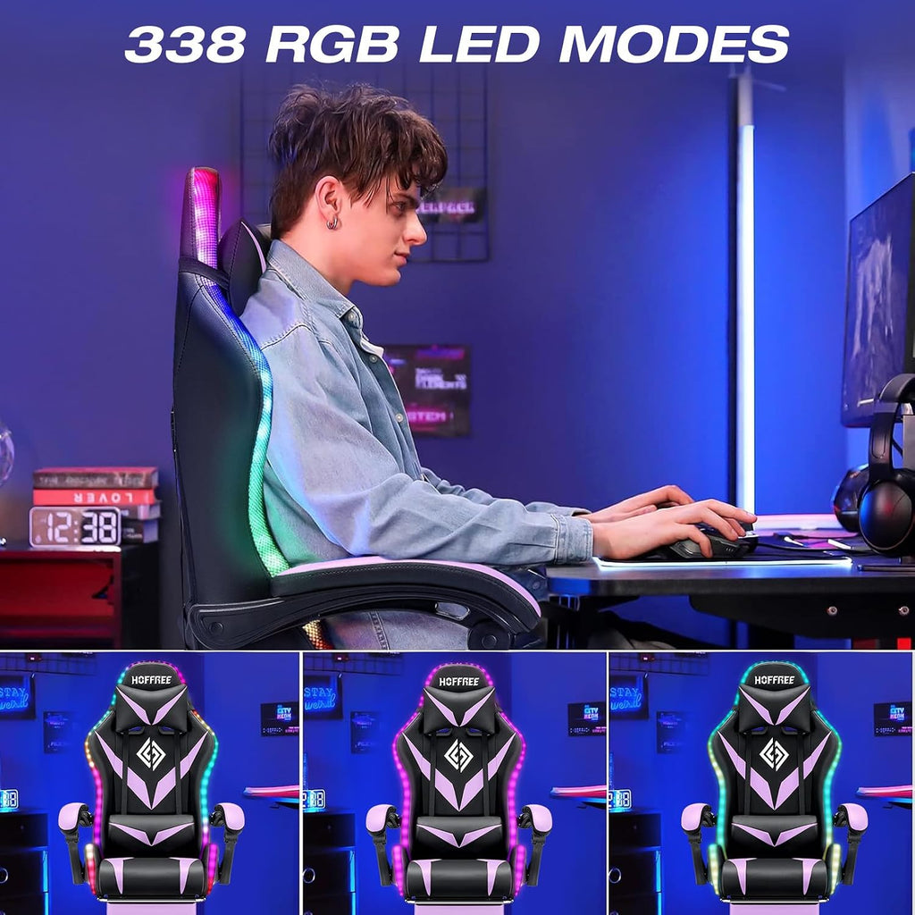 RGB Gaming Chair with Massage and LED Lights Ergonomic Computer Chair with Footrest Reclining High Back Video Game Chair for Adults with Adjustable Lumbar Support Purple and Black