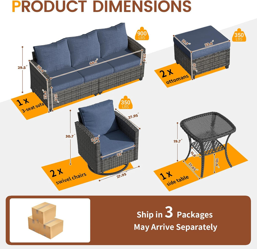 UDPATIO Patio Furniture Set, 6 Pieces Outdoor Sectional Couch with Swivel Rocking Chair, Gray Wicker Rattan Sofa with Side Table, 4' Thick Cushion for Garden Backyard Deck,Blue