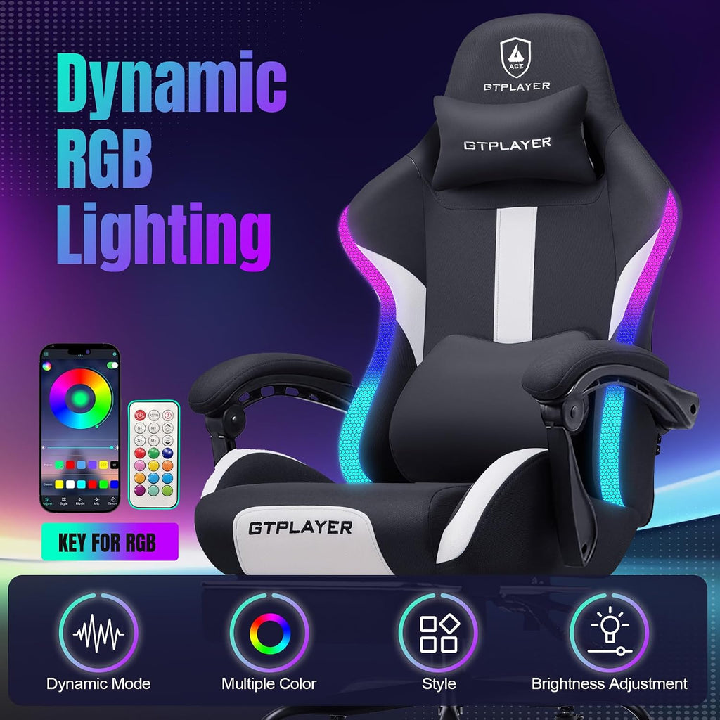 GTPLAYER RGB Gaming Chair with Footrest, LED Lights, Ergonomic Computer Chair with Linkage Armrest, Breathable Fabric for Home Office Desk - Video Game Chairs for Adults, Standard RGB
