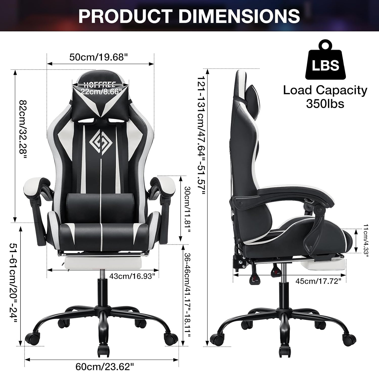HOFFREE Gaming Chair Massage with LED RGB Lights and Footrest Ergonomic Computer Chair High Back Video Game Chair with Adjustable Lumbar Support Linkage Armrest White and Black