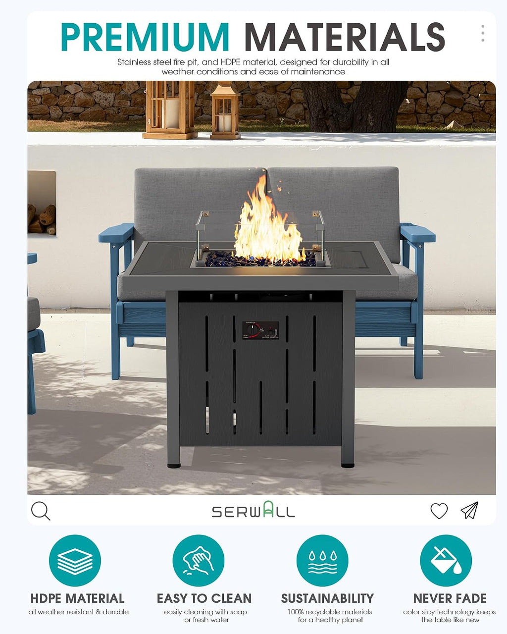 SERWALL Patio Furniture Set with 33' Fire Pit Table, HDPE Outdoor Sectional Sofa Set with Thickened Cushions, Grey Frame with Khaki Cushions