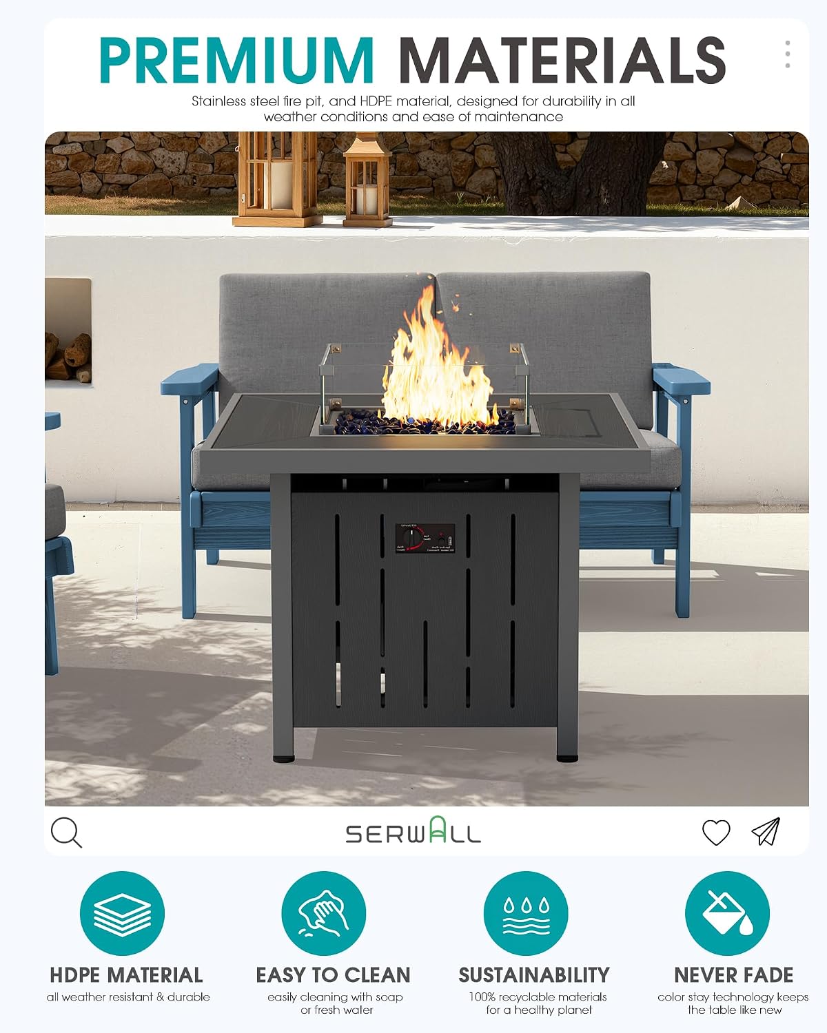 SERWALL Patio Furniture Set with 33' Fire Pit Table, HDPE Outdoor Sectional Sofa Set with Thickened Cushions, Grey Frame with Khaki Cushions