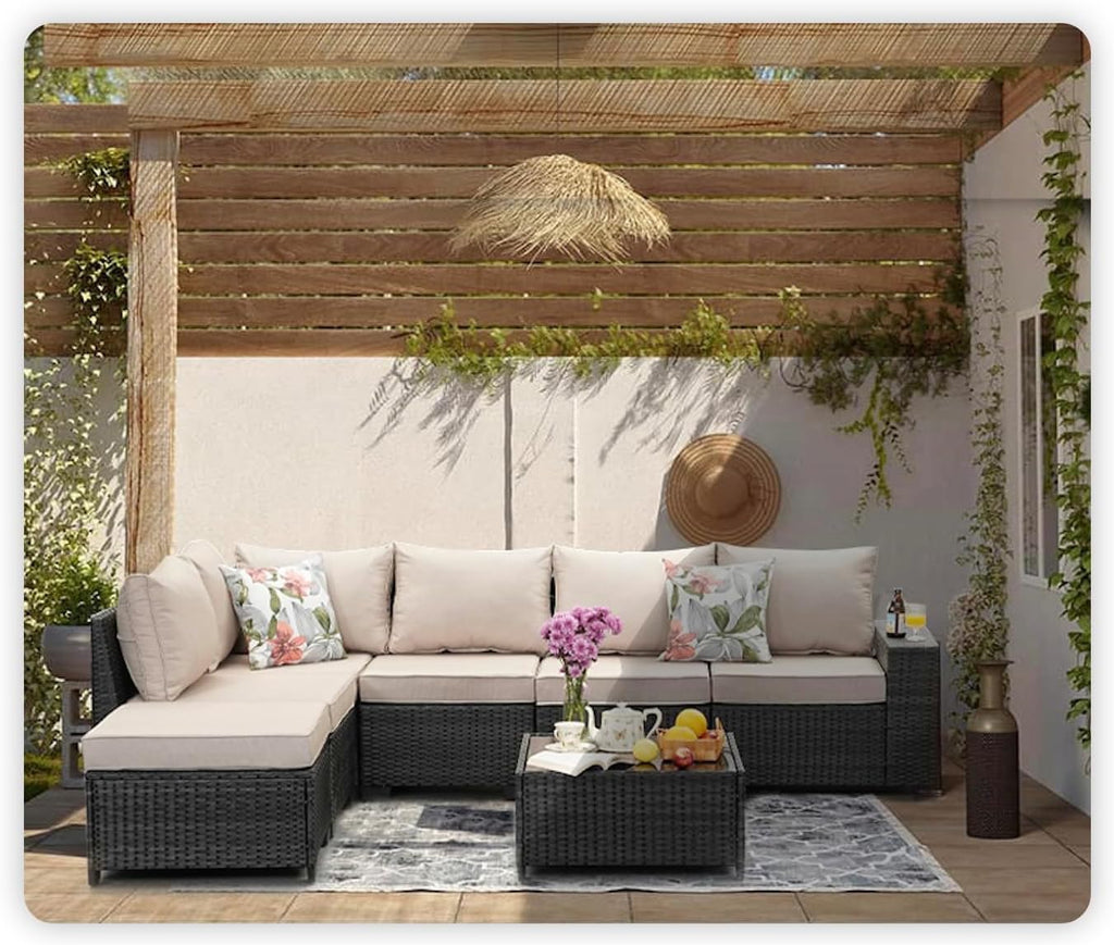 JOYURE 7 Pieces Patio Furniture Set All-Weather Outdoor Wicker Sectional Conversation Sofa Rattan Patio Seating Sofa with Cushion and Glass Table and Ottoman for Porch,Beige