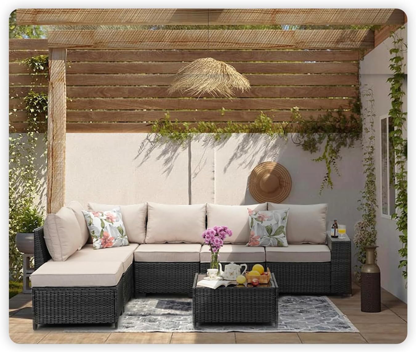 JOYURE 7 Pieces Patio Furniture Set All-Weather Outdoor Wicker Sectional Conversation Sofa Rattan Patio Seating Sofa with Cushion and Glass Table and Ottoman for Porch,Beige