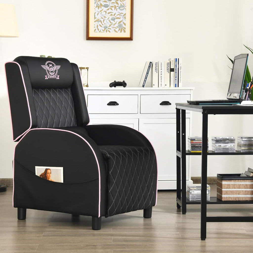GYMAX Massage Gaming Recliner Chair, Ergonomic Racing Style Single Sofa with Adjustable Headrest, Backrest & Footrest, Home Theater Sofa for Living Room Office (Pink)