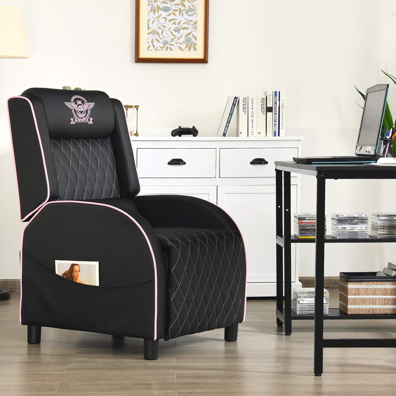 GYMAX Massage Gaming Recliner Chair, Ergonomic Racing Style Single Sofa with Adjustable Headrest, Backrest & Footrest, Home Theater Sofa for Living Room Office (Pink)