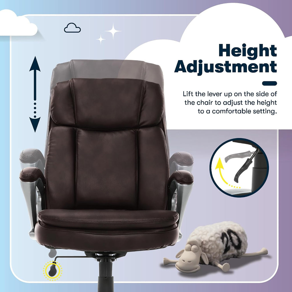 Serta Fairbanks Big and Tall Executive Office Chair - Ergonomic High Back Computer DeskChair with Lumbar Support, Memory Foam Seat Cushion, Padded Armrests, Bonded Leather, 350 lb Capacity - Brown