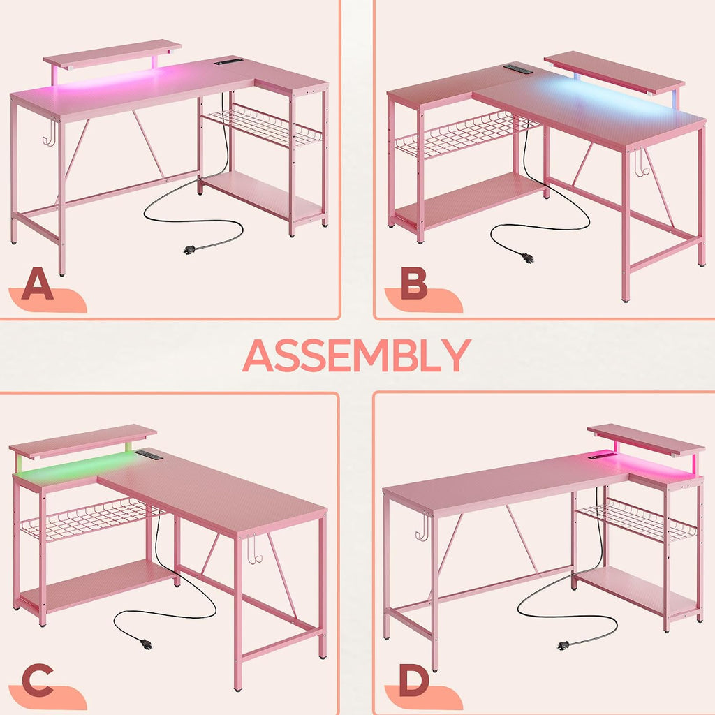 Bestier 52' Gaming Desk with Integrated Power Outlet & USB Ports, L-Shaped Computer Desk with LED Strip & Headphone Hooks, Perfect for Home Office Pink