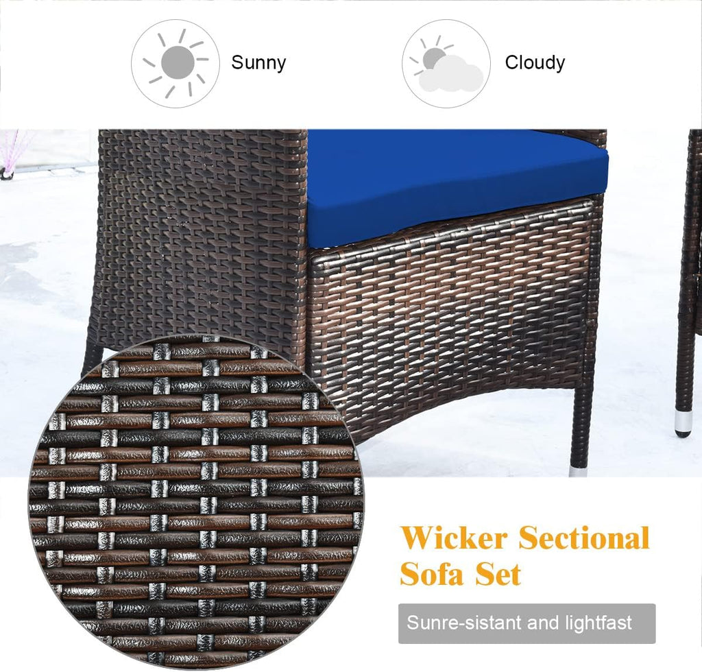 COSTWAY 4PCS Rattan Patio Furniture Set, Outdoor Wicker Rattan Chairs with Coffee Table, Rattan Cushioned Conversation Set for Backyard Balcony Porch Poolside, Navy