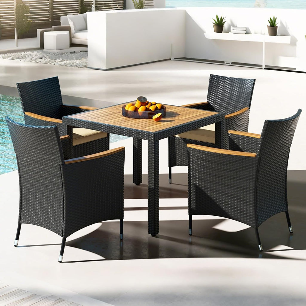 COSTWAY 5-Piece Patio Dining Set for 4, Outdoor Rattan Wicker Table and Chairs Furniture Set with Umbrella Hole, Acacia Wood Tabletop for Backyard, Balcony, Poolside, Black & Beige