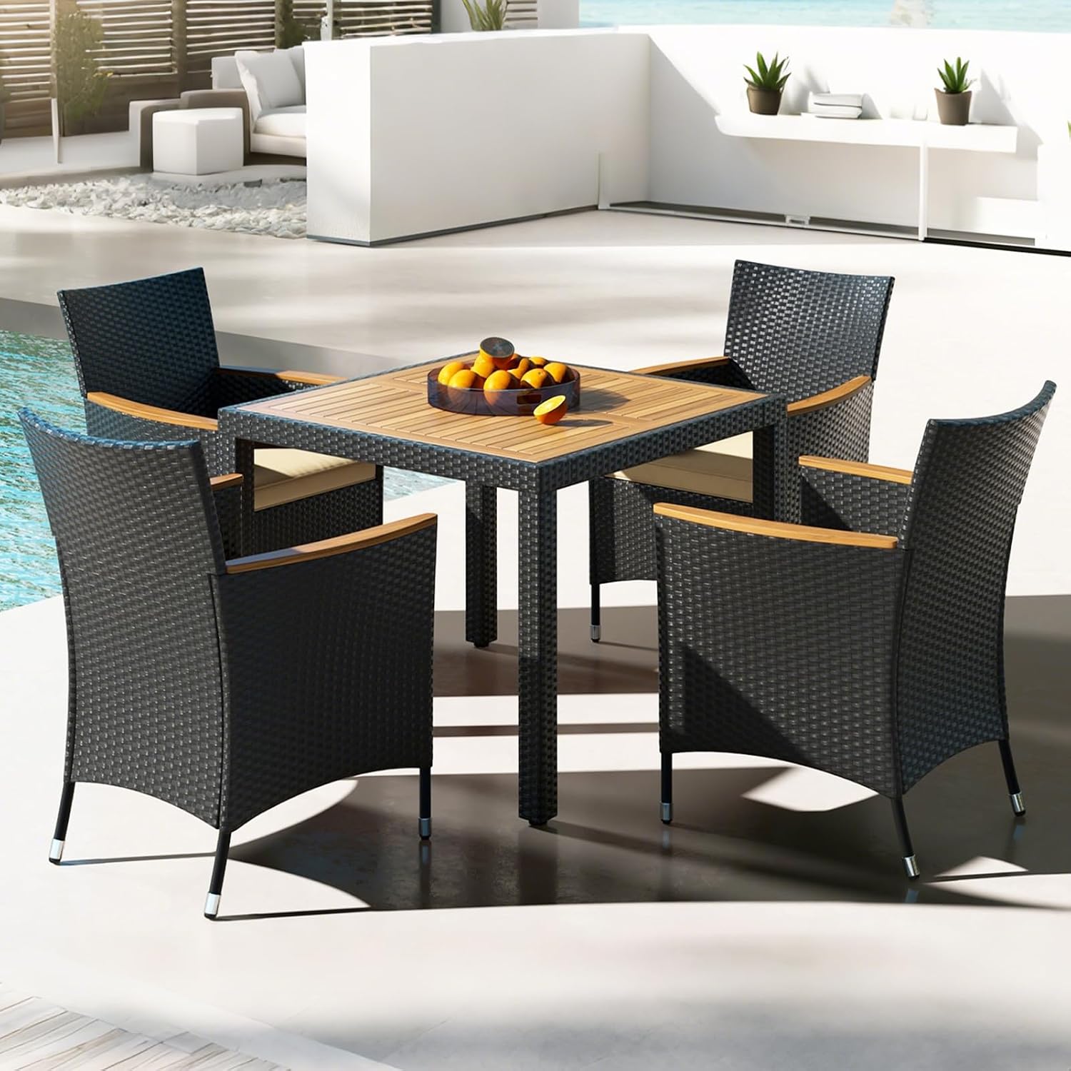 COSTWAY 5-Piece Patio Dining Set for 4, Outdoor Rattan Wicker Table and Chairs Furniture Set with Umbrella Hole, Acacia Wood Tabletop for Backyard, Balcony, Poolside, Black & Beige