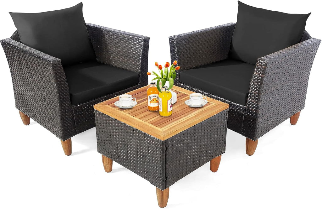 Tangkula 3-Piece Patio Furniture Set, Patiojoy Outdoor PE Wicker Bistro Set with Soft Cushions and Solid Acacia Wood, Outdoor Conversation Set with Porch, Balcony and Garden (Black)