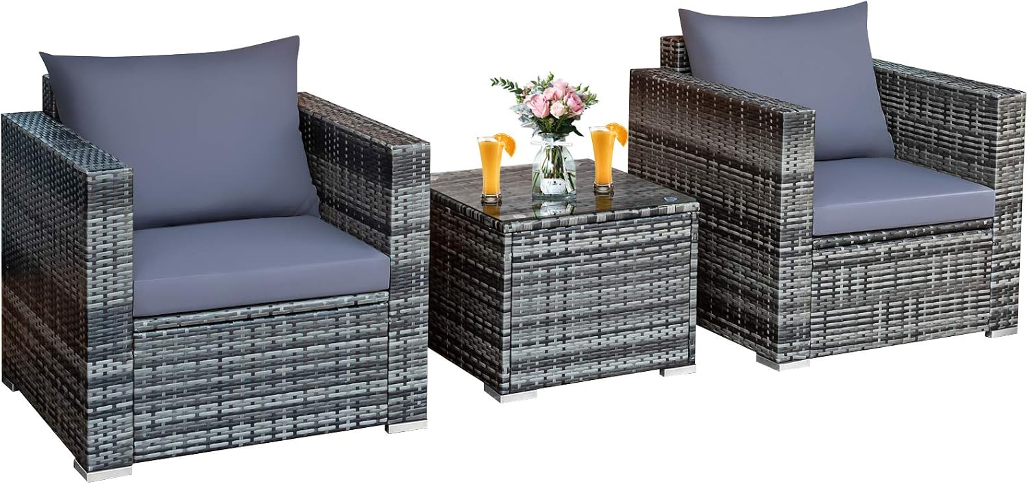 Tangkula 3 Pieces Patio Furniture Set, PE Rattan Wicker Sofa Set w/Washable Cushion and Tempered Glass Tabletop, Outdoor Conversation Furniture for Garden Poolside Balcony