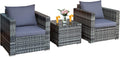 COSTWAY 3-Piece Patio Furniture Set, Outdoor Wicker Rattan Sofa with Cushions and Coffee Table, Conversation Chair Set for Poolside Backyard Balcony Lawn (Grey)