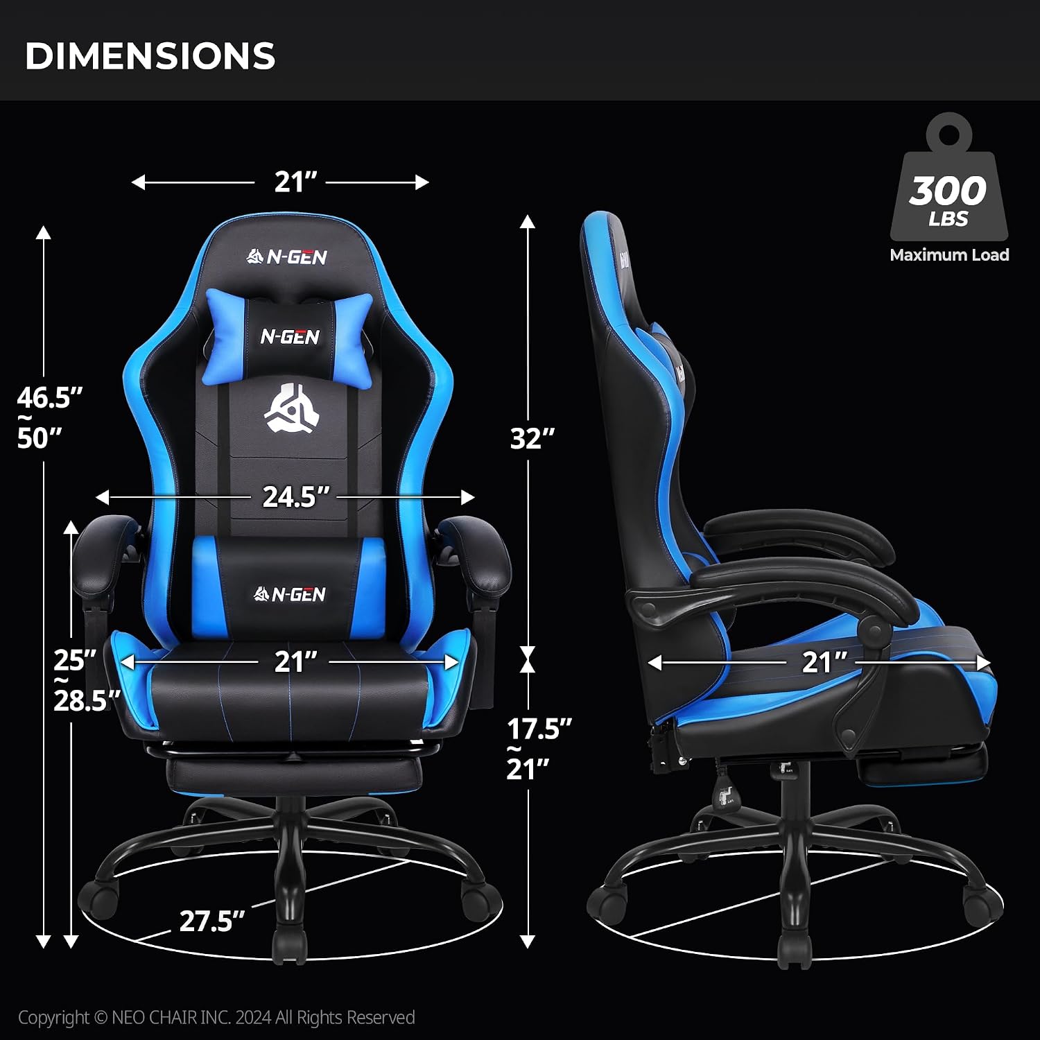 NEO CHAIR Video Gaming Chair with Footrest High Back Ergonomic Comfortable Office Computer Desk with Lumbar Support Height Adjustable with PU Leather Recliner for Adults Women Men (Blue)