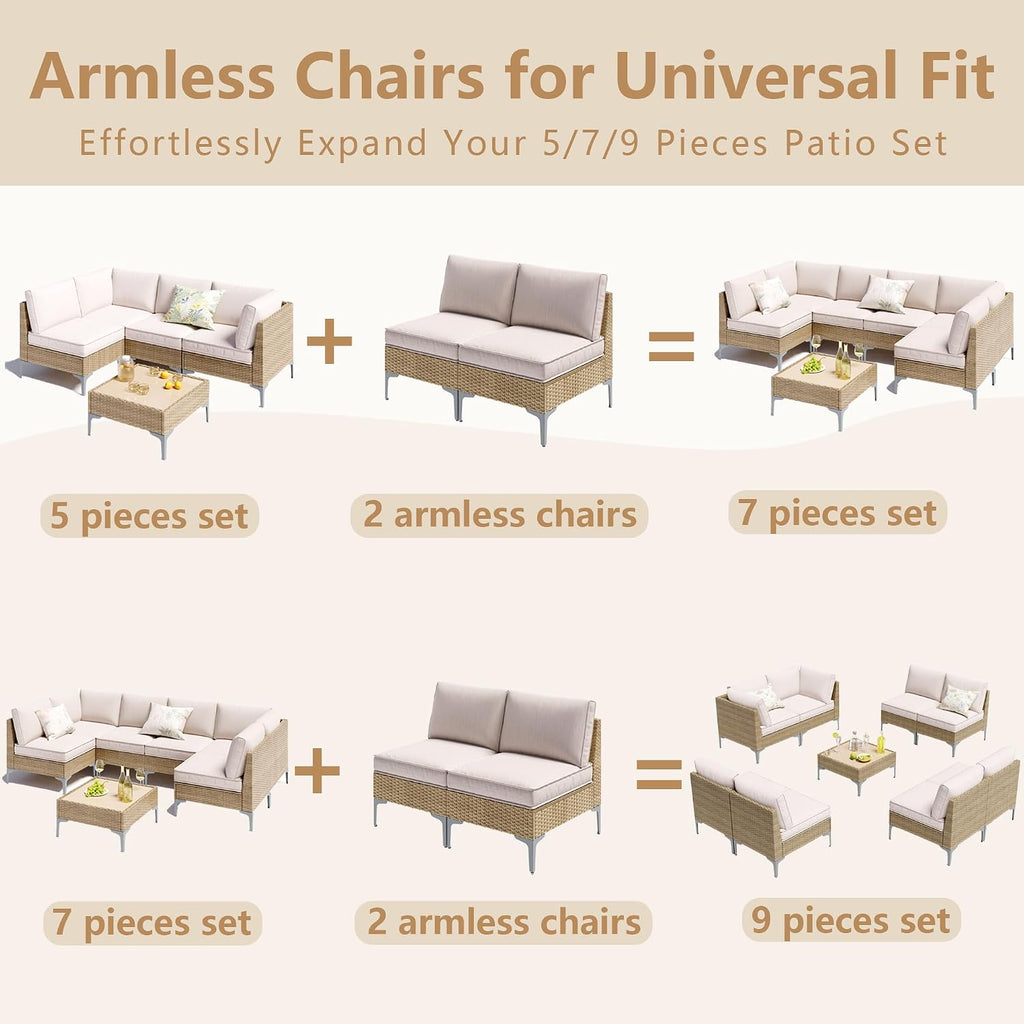 9-Piece Patio Furniture Set, Outdoor Wicker Sectional Sofa with Coffee Table, Anti-Slip & Thick All-Weather Cushions for Sunroom,Garden,Backyard, Beige