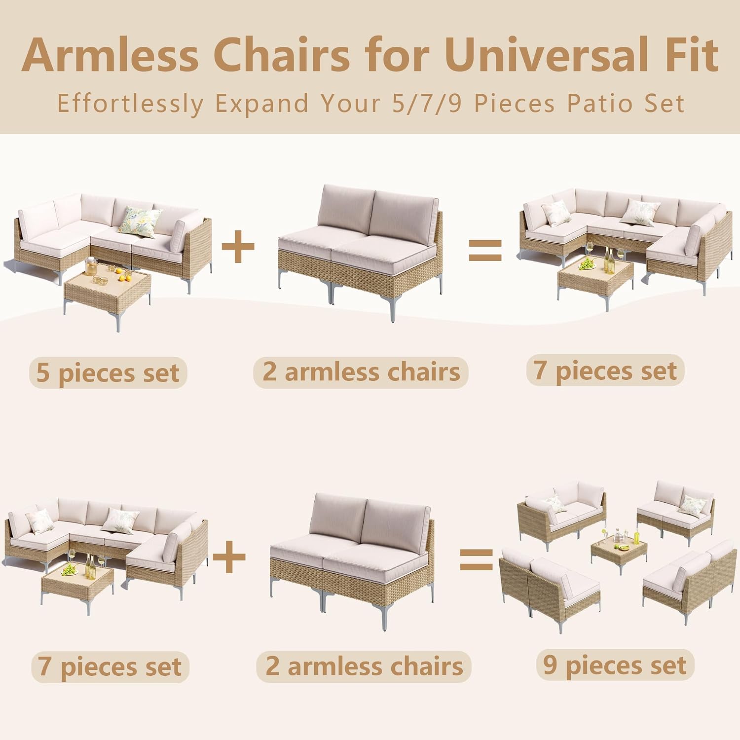 9-Piece Patio Furniture Set, Outdoor Wicker Sectional Sofa with Coffee Table, Anti-Slip & Thick All-Weather Cushions for Sunroom,Garden,Backyard, Beige