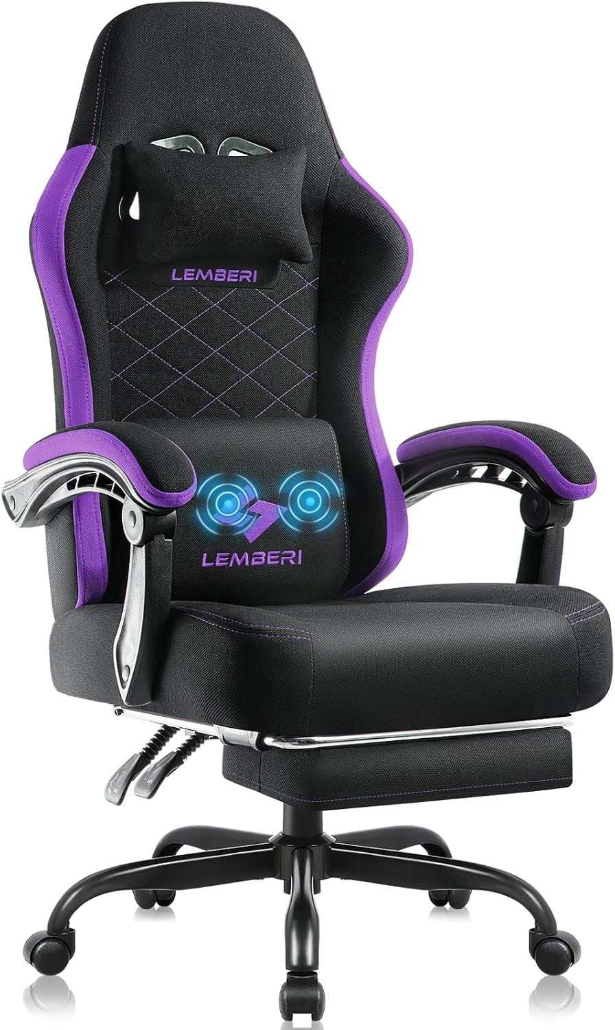 LEMBERI Gaming Chair, Fabric Big and Tall Video Game Chairs with Footrest, Massage Lumbar Support, Racing Style Ergonomic Computer Gamer Chair with Adjustable Headrest (Purple)