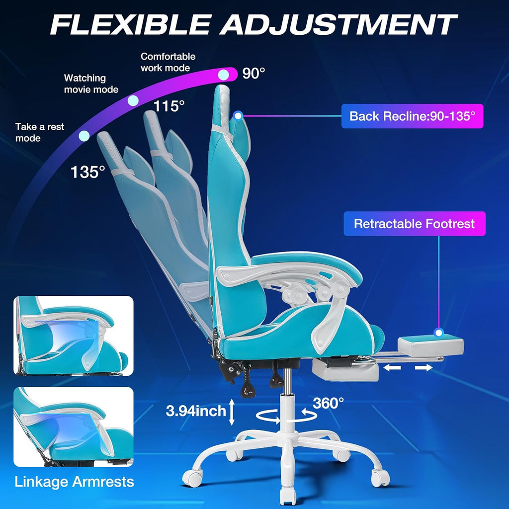 RGB Gaming Chair with LED Lights and Massage Ergonomic Computer Chair Cute with Footrest High Back Video Game Chair with Adjustable Lumbar Support Linkage Armrest Light Blue and White