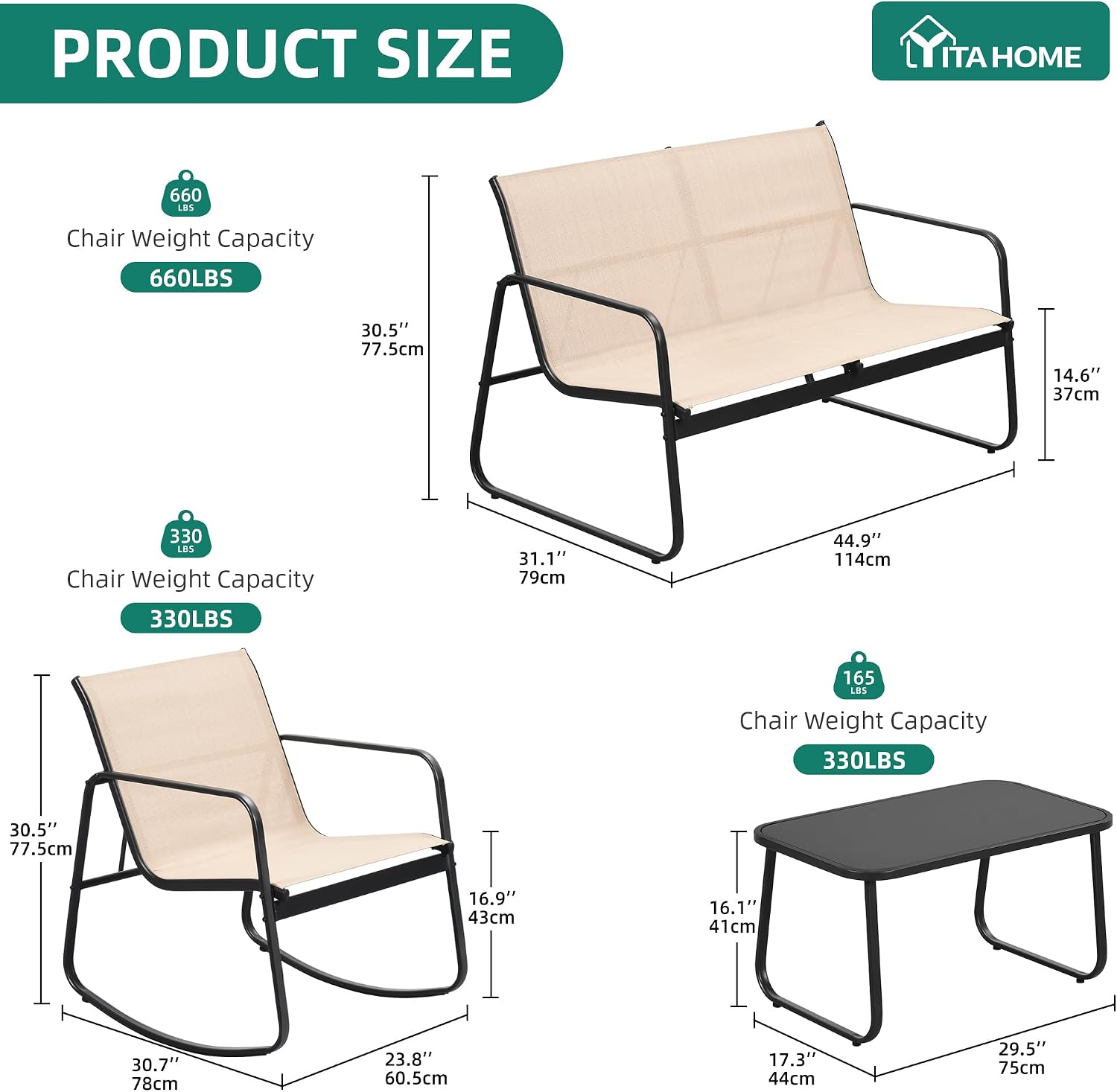 YITAHOME 4 Pieces Patio Furniture Set, Outdoor Textilene Conversation Sets Rocking Bistro Chairs, Loveseat and Glass Table for Living Room Lawn Garden Balcony Poolside Backyard (Brown)