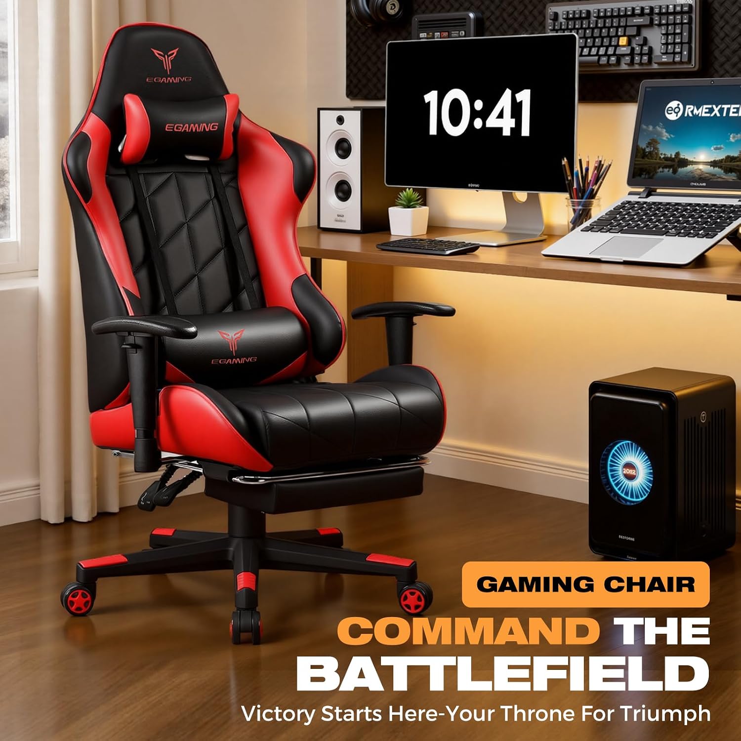 Gaming Chair with Footrest, Ergonomic High-Back PU Leather Computer Chair with 3D Adjustable Armrests, Headrest and Lumbar Support, Office Desk Chair with Diamond Stitching for Adults & Teen