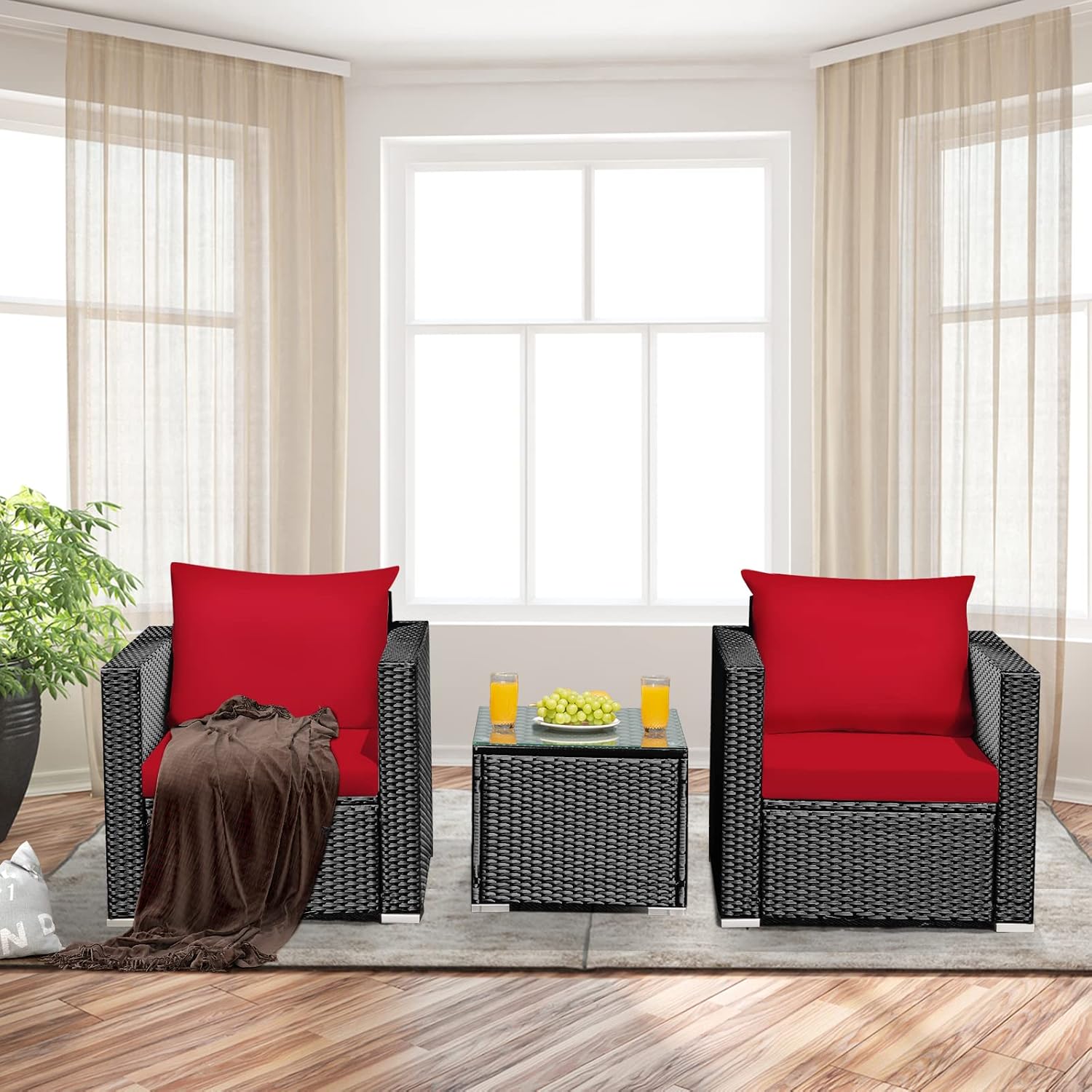 COSTWAY 3-Piece Outdoor Patio Furniture Set, Cushioned Armchairs and Tempered Glass Coffee Table, Wicker Rattan Sofa Set for Garden, Balcony, Backyard (Red)