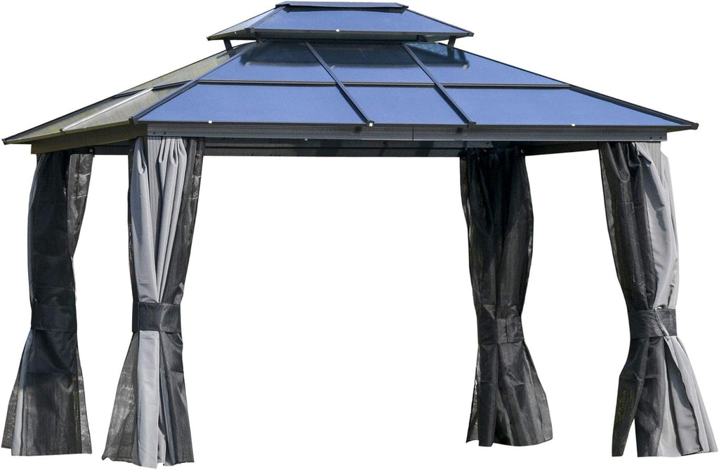 Outsunny 10' x 12' Hardtop Gazebo Canopy with Polycarbonate Roof, Aluminum Frame, Permanent Pavilion Outdoor Gazebo with Netting, for Patio, Garden, Backyard, Deck, Lawn, Light Gray