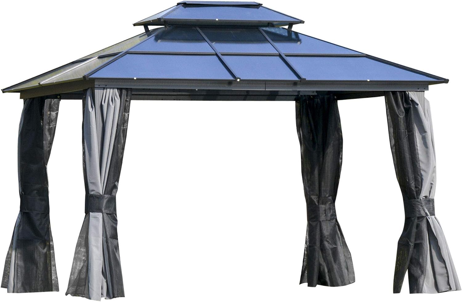 Outsunny 10' x 12' Hardtop Gazebo Canopy with Polycarbonate Roof, Aluminum Frame, Permanent Pavilion Outdoor Gazebo with Netting, for Patio, Garden, Backyard, Deck, Lawn, Light Gray
