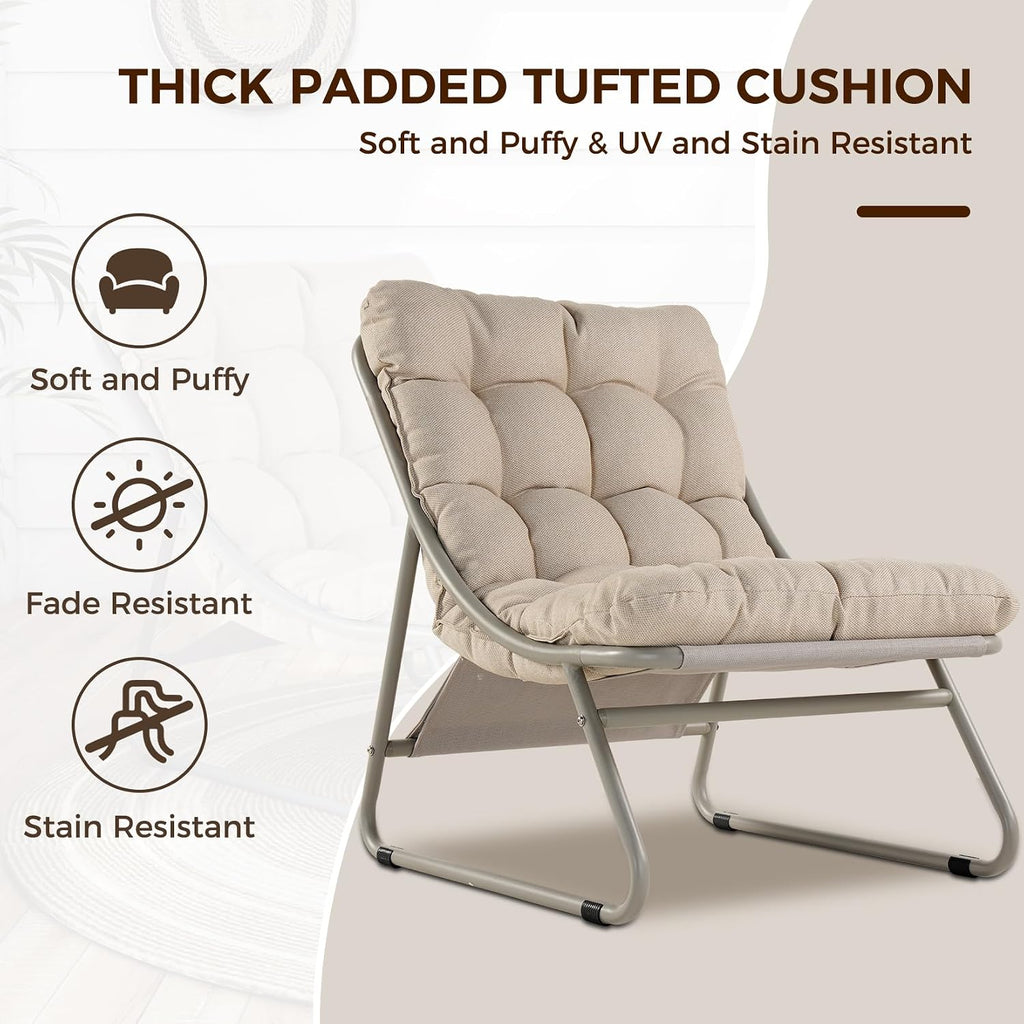 Grand patio Outdoor Lounge Chair with Foot Stool, Comfy Sling Recliner Chair with Puffy Cushion and Foot Rest, Modern Patio Furniture Set for Porch Deck Garden, Champagne Gray