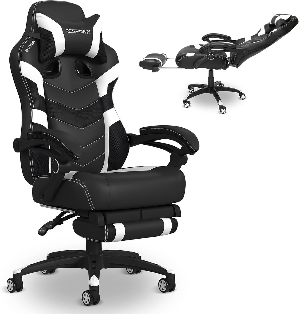 Respawn 110 Pro Ergonomic Gaming Chair with Footrest for Adults - Comfortable Office Gaming Recliner with Lumbar Support and Headrest, Racing Style Video Game Chairs for Computer Gamer - White