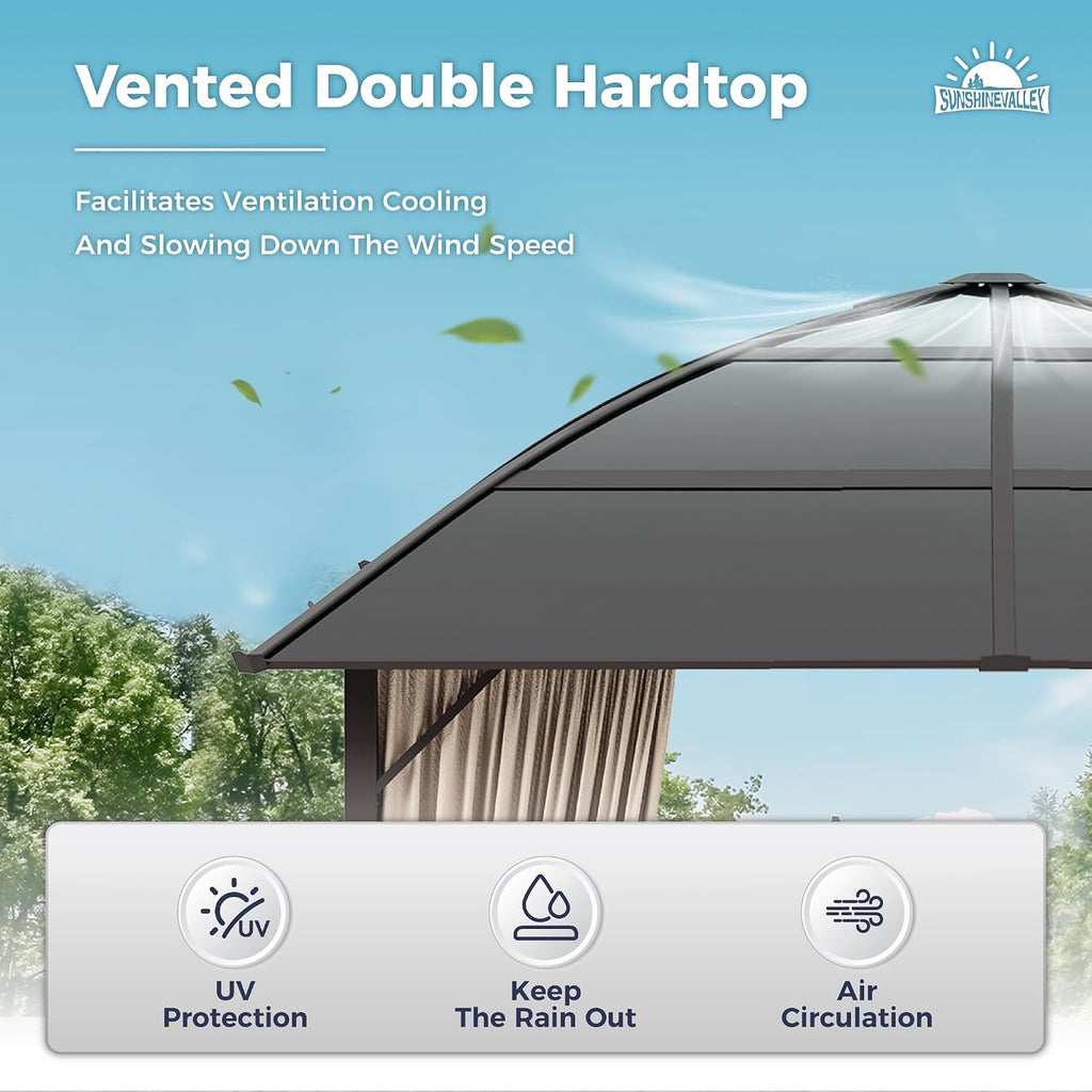 SUNSHINE VALLEY 10x10ft Hardtop Gazebo with Netting and Curtain, Outdoor Gazebo with Aluminum Frame and Polycarbonate Translucent Top, Patio Canopy for Deck, Backyard, Garden, Lawn