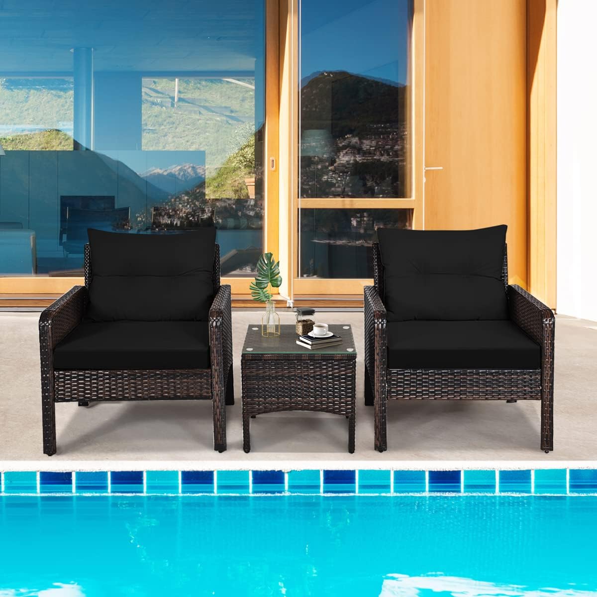 HAPPYGRILL 3 Pieces Patio Conversation Set Outdoor Rattan Wicker Furniture Set with Coffee Table & Chairs Patio Bistro with Seat Cushions for Garden Balcony Backyard Poolside