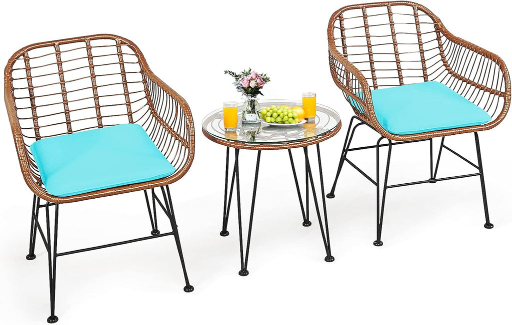 Tangkula 3 Pieces Patio Conversation Bistro Set, Outdoor Wicker Furniture w/Round Tempered Glass Top Table & 2 Rattan Armchairs, Bistro Chat Set w/Seat Cushions for Porch, Backyard, Garden