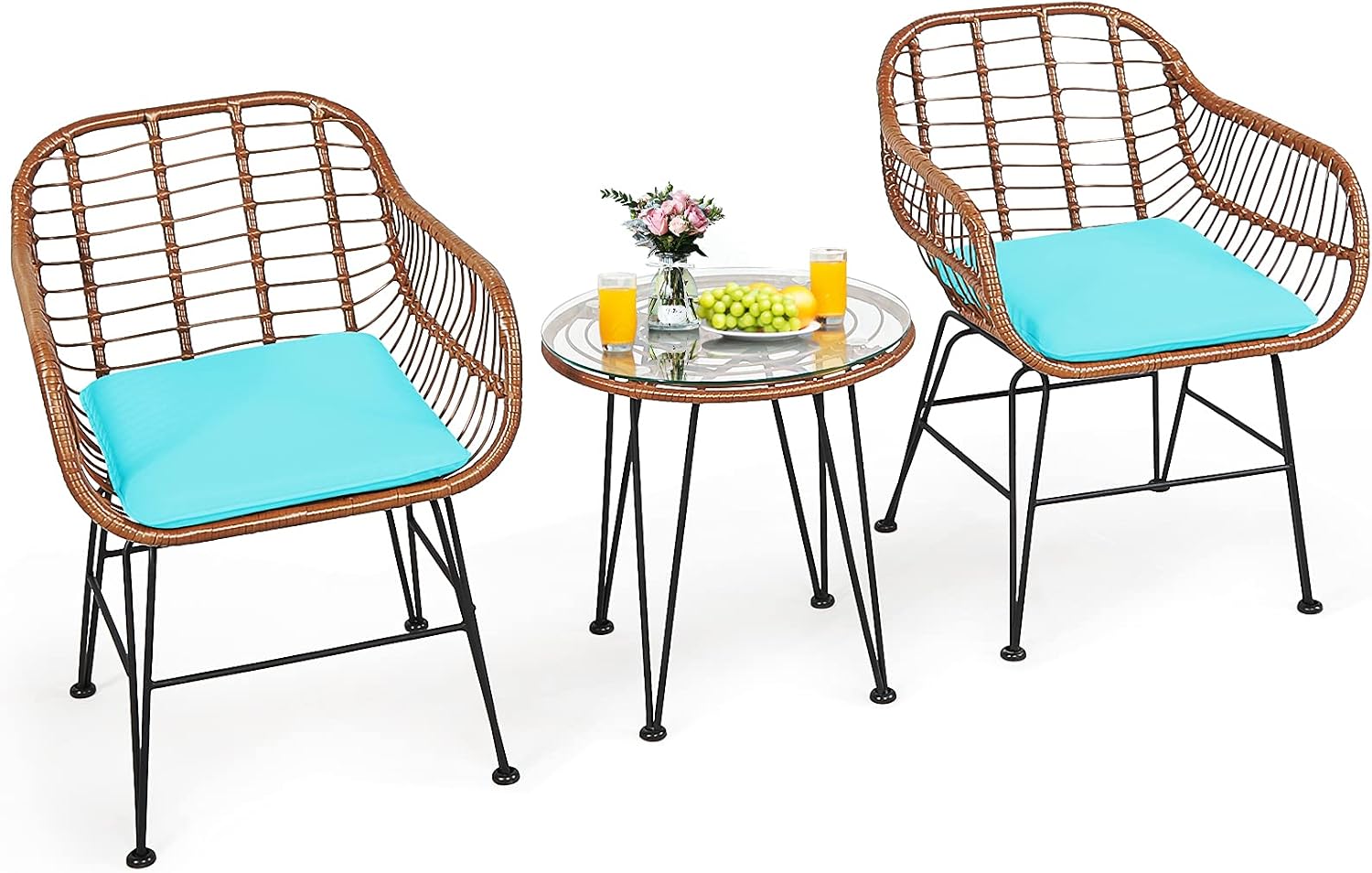 Tangkula 3 Pieces Patio Conversation Bistro Set, Outdoor Wicker Furniture w/Round Tempered Glass Top Table & 2 Rattan Armchairs, Bistro Chat Set w/Seat Cushions for Porch, Backyard, Garden