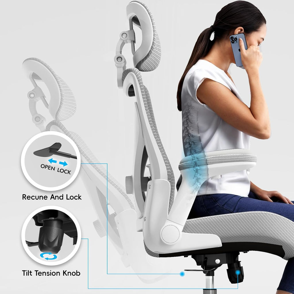 Ergalithic Ergonomic Office Chair-Computer X-Shaped Chair Mesh PU Leather with Adjustable Lumbar Support-Executive Desk Chair High Back with Headrest Flip-Up Arms for Long Hours (White-Grey)