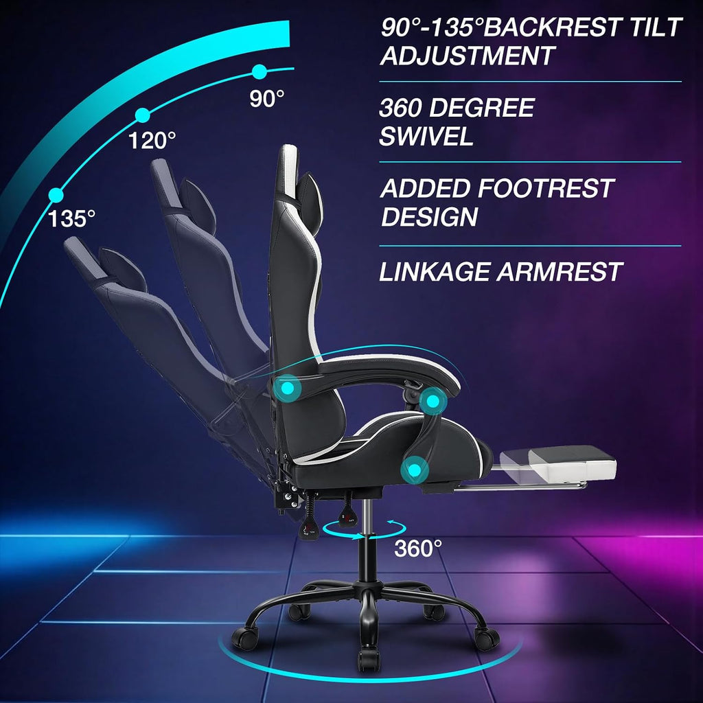 HOFFREE Gaming Chair Massage with LED RGB Lights and Footrest Ergonomic Computer Chair High Back Video Game Chair with Adjustable Lumbar Support Linkage Armrest White and Black