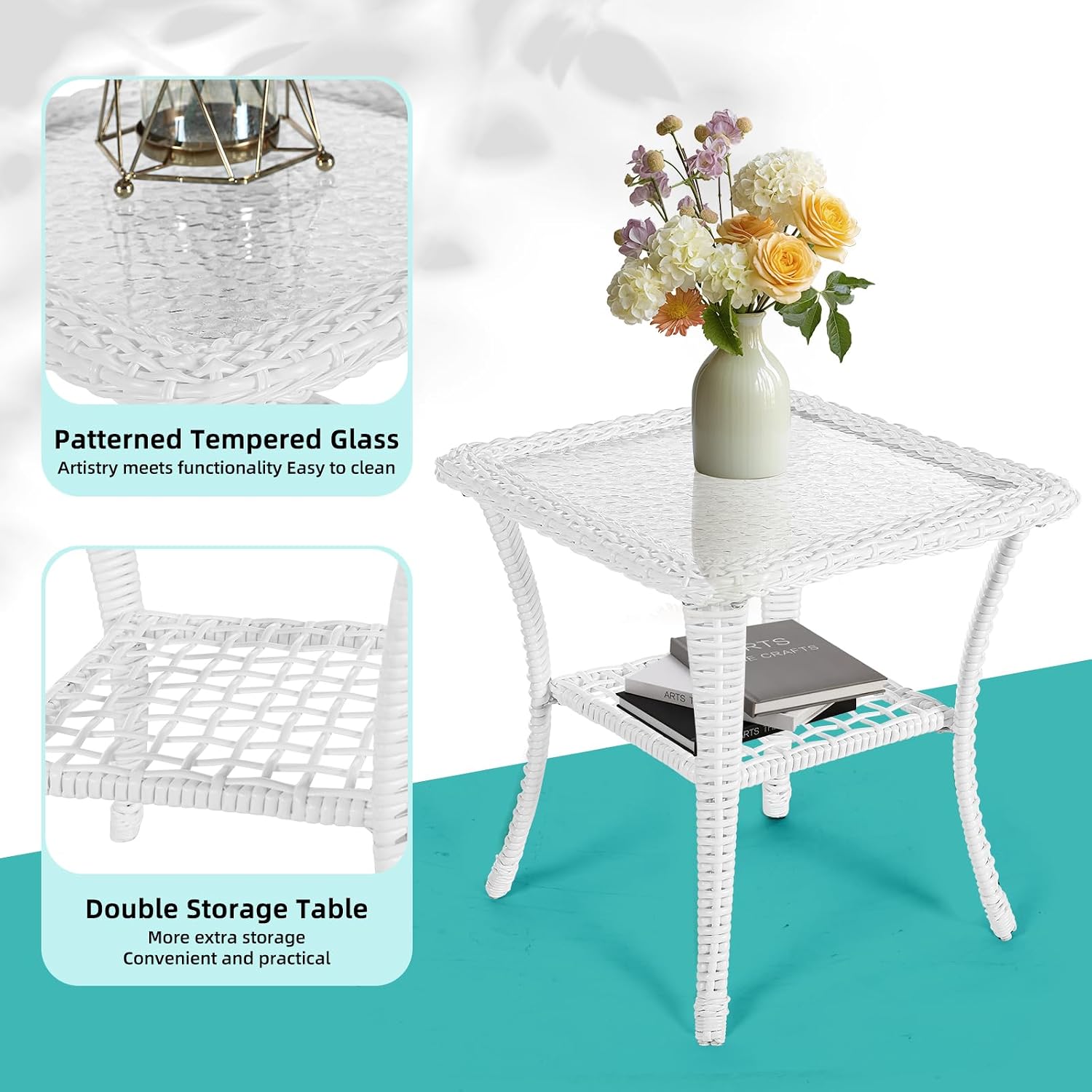 MEETWARM 3 Pieces Outdoor Wicker Swivel Rocker Patio Set, Rocking Chairs Rattan Patio Furniture Sets with Thickened Cushion and Glass-Top Coffee Table, Conversation Bistro Set, White Wicker/Navy