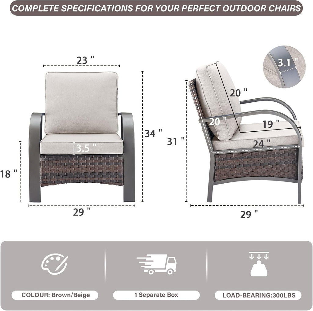Belord Wicker Patio Chairs Set of 2-300LBS Weight Capacity Oversize Outdoor Patio Chairs with High Backrest Metal Curved Armrest, All Weather PE Rattan Outdoor Seating for Porch Deck Backyard