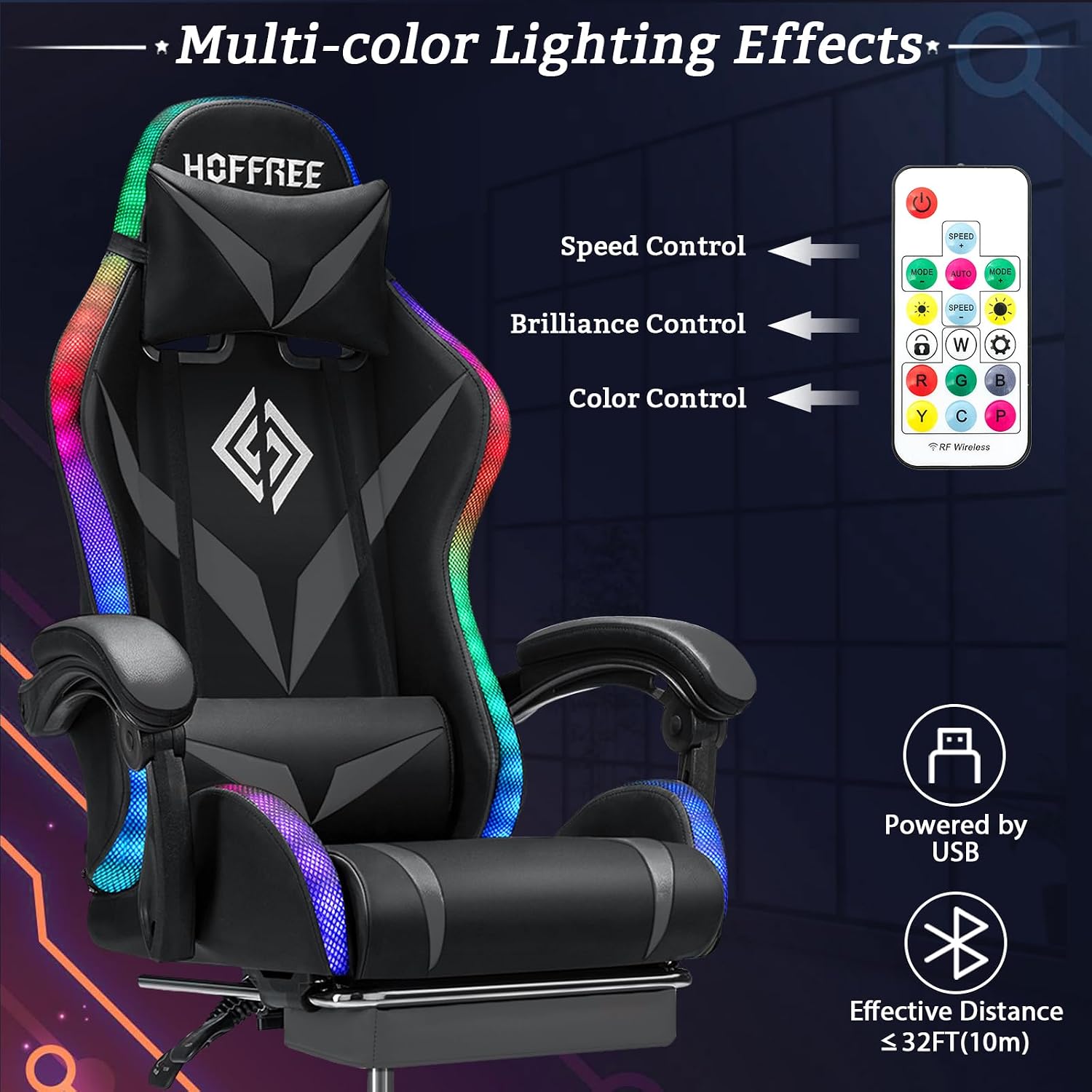 Gaming Chair with Bluetooth Speakers and RGB LED Lights Ergonomic Massage Computer Gaming Chair with Footrest Video Game Chair High Back with Lumbar Support Grey and Black