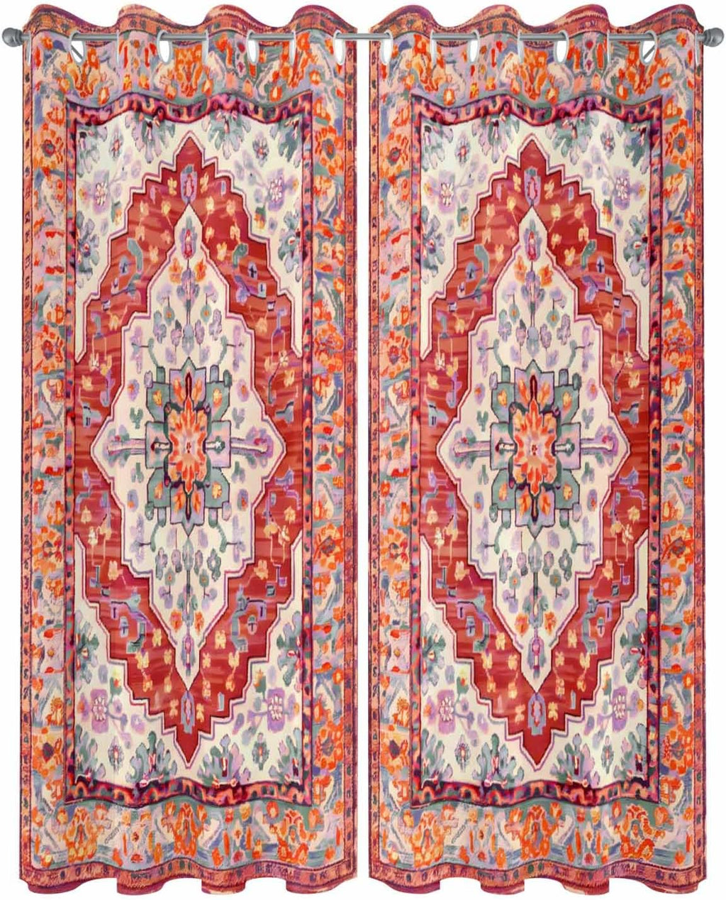 Orange Red Boho Outdoor Curtains for Patio Waterproof,Vintage Flower Tribal Distressed Printed Windproof Sun Blocking Outside Privacy Drape for Pavilion/Porch/Pergola/Garden/Cabana,2Panel,54'Wx108'L