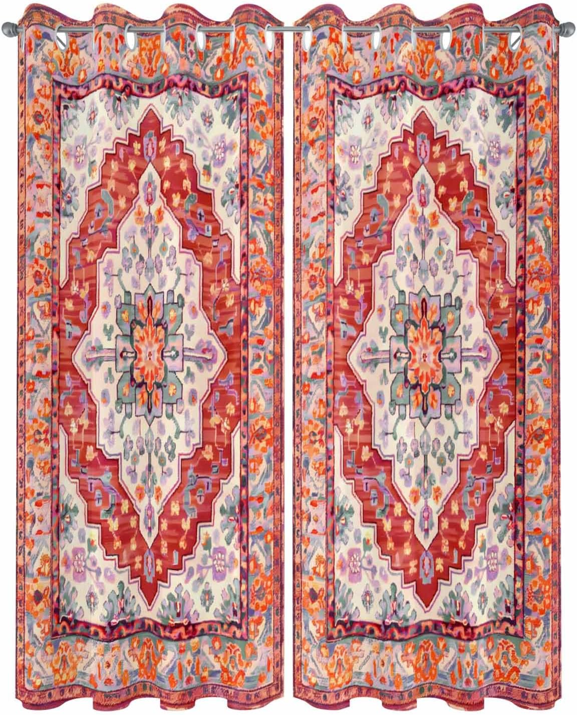 Orange Red Boho Outdoor Curtains for Patio Waterproof,Vintage Flower Tribal Distressed Printed Windproof Sun Blocking Outside Privacy Drape for Pavilion/Porch/Pergola/Garden/Cabana,2Panel,54'Wx108'L